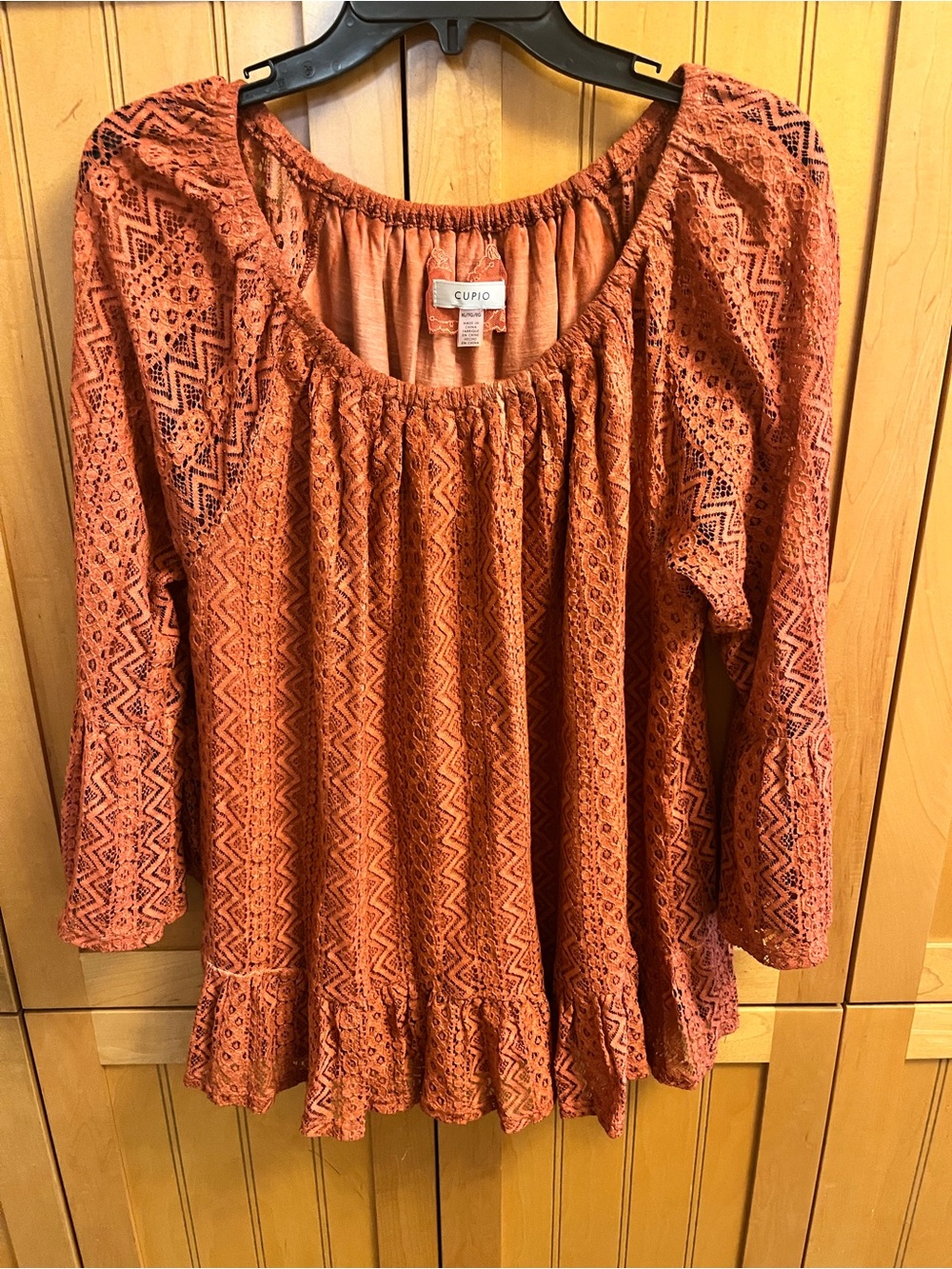 Fairycore Lace Cupio Rust Orange Lace Peasant Top With Bell Sleeves